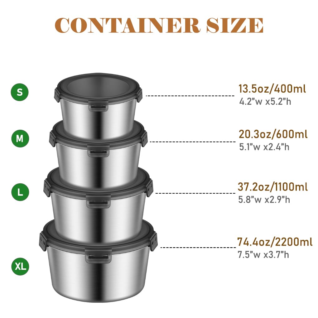 4 pcs  Airtight Stainless Steel Food Container & Storage Bowl Set with Lock Lids