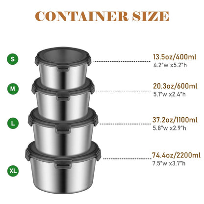 4 pcs  Airtight Stainless Steel Food Container & Storage Bowl Set with Lock Lids