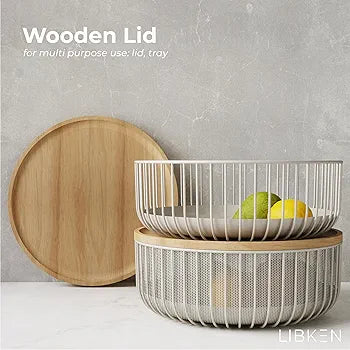 Metal Wire Mesh Fruit Basket with Wooden Lid (Fly-Proof) - My Store