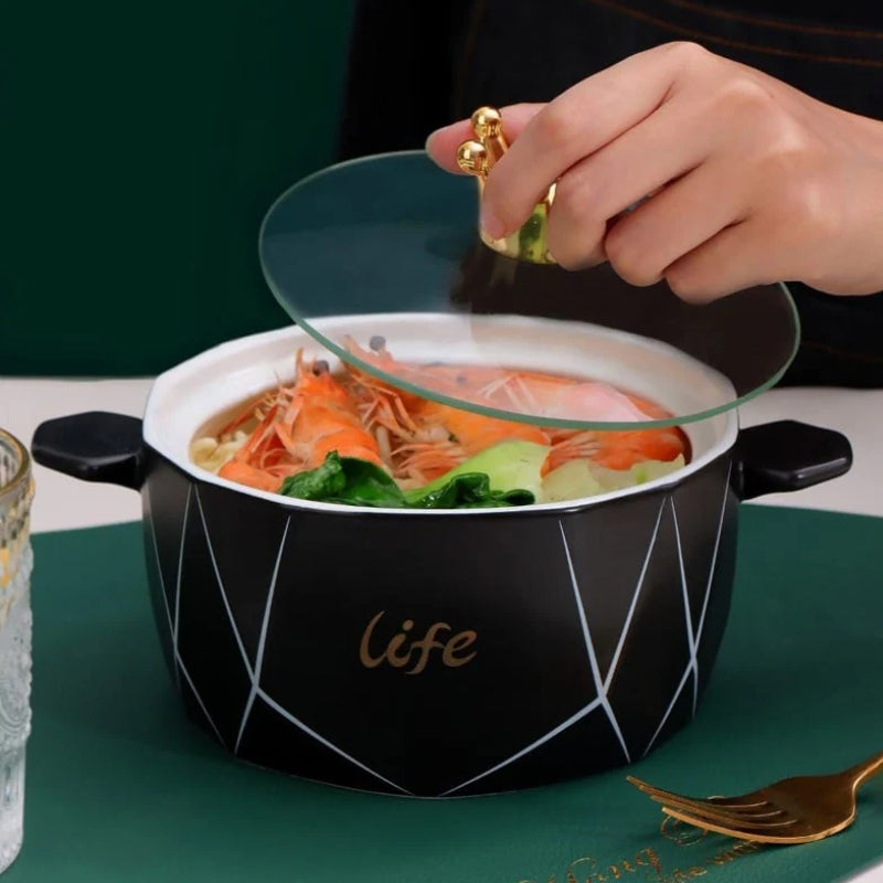 Crown Top Ceramic Noodle & Soup Bowl with Glass Lid – 1200ml