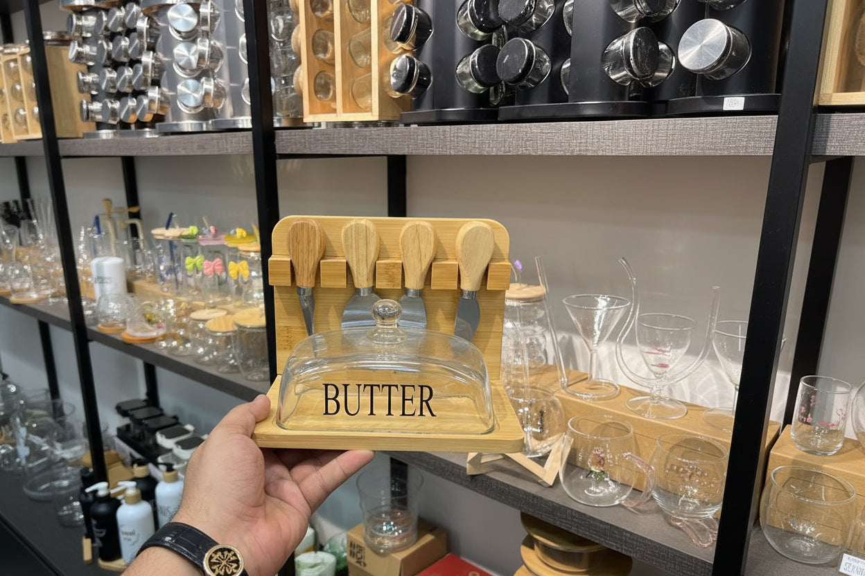 Bamboo Butter & Cheese Board Set with Glass Dome - My Store