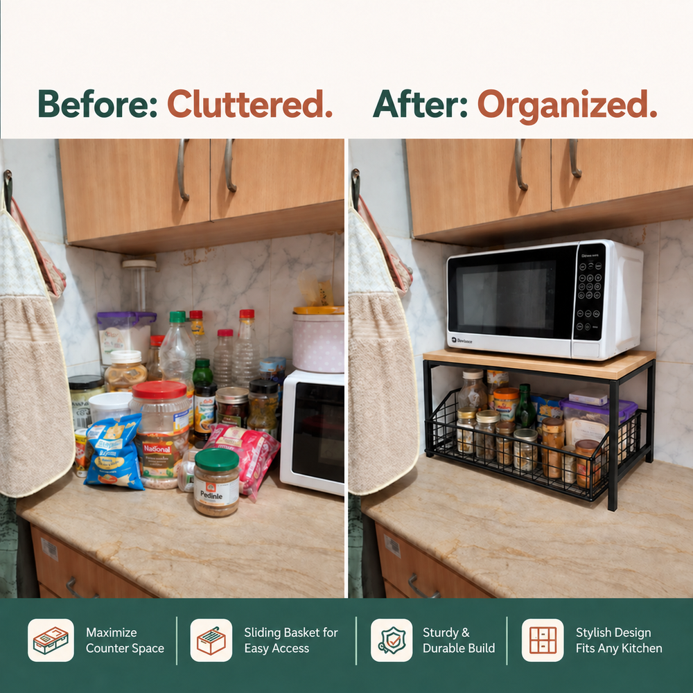 2-Tier Wooden Countertop Organizer with Sliding Mesh Basket