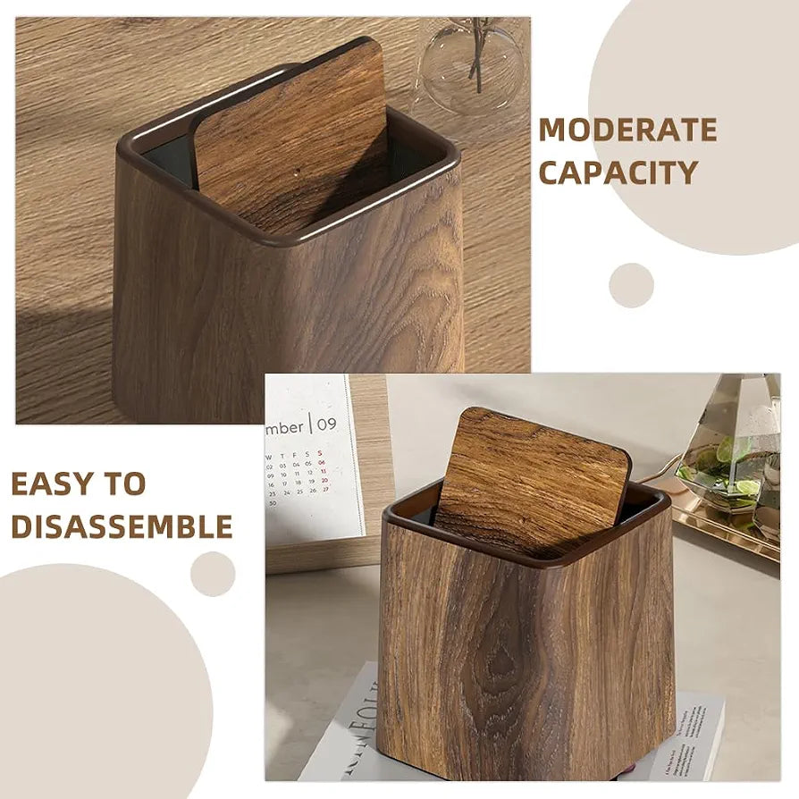 Modern Wood-Grain Swing-Lid Trash Can