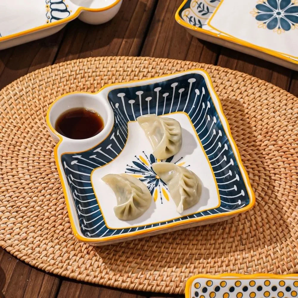 7-Inch Ceramic Dumpling Plate with Built-In Dipping Tray - My Store