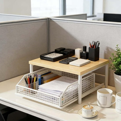 2-Tier Wooden Countertop Organizer with Sliding Mesh Basket
