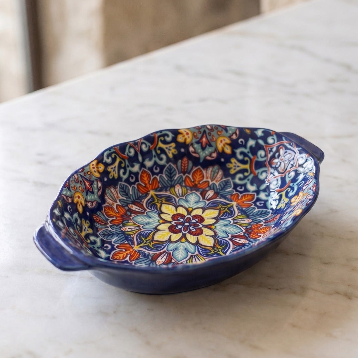 9.5-Inch Oval Moroccan Ceramic Serving Bowl with Side Handles