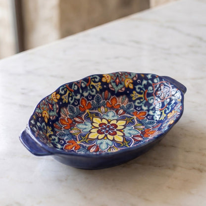 9.5-Inch Oval Moroccan Ceramic Serving Bowl with Side Handles