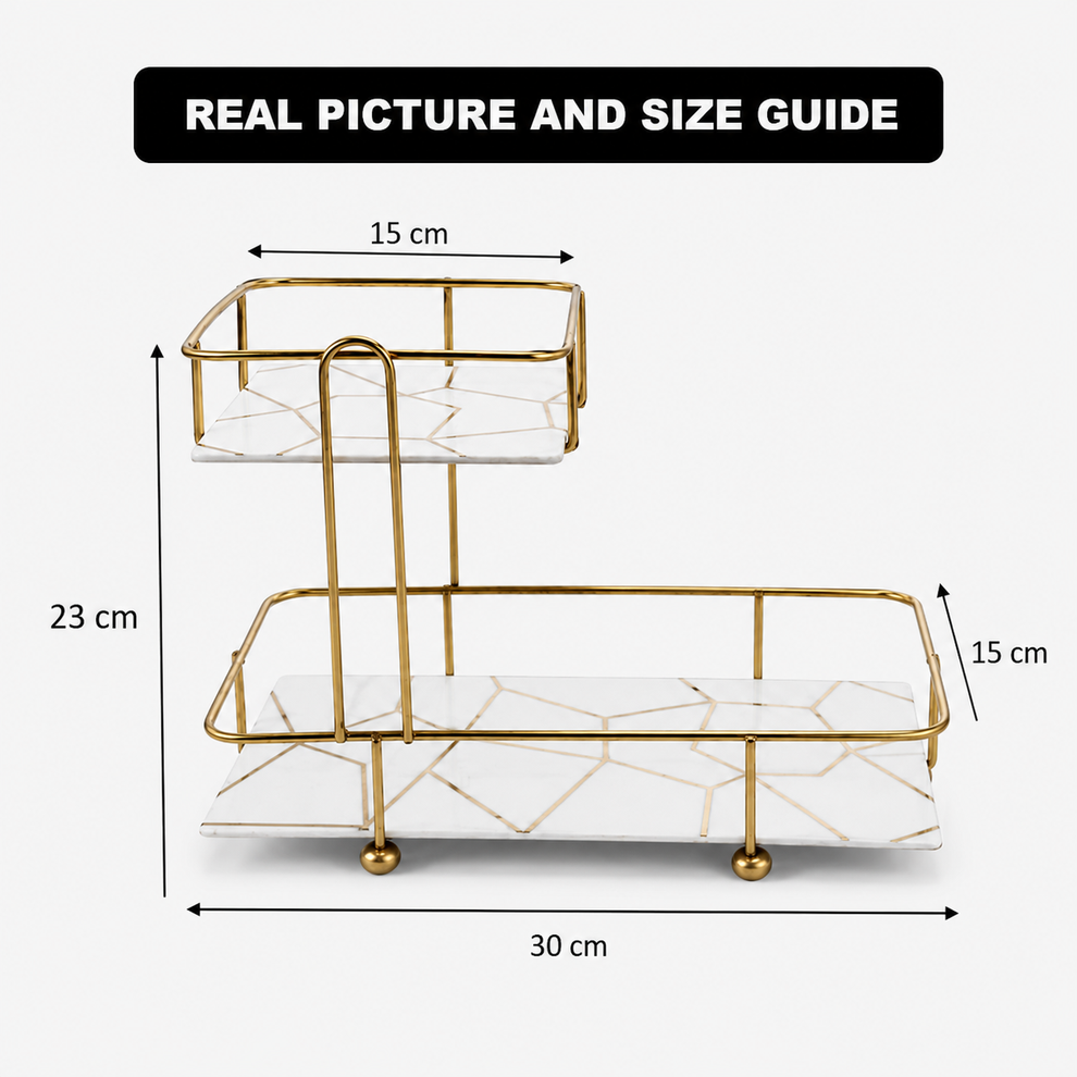 2-Tier Modern Marble Pattern Countertop Organizer Tray – Gold Frame