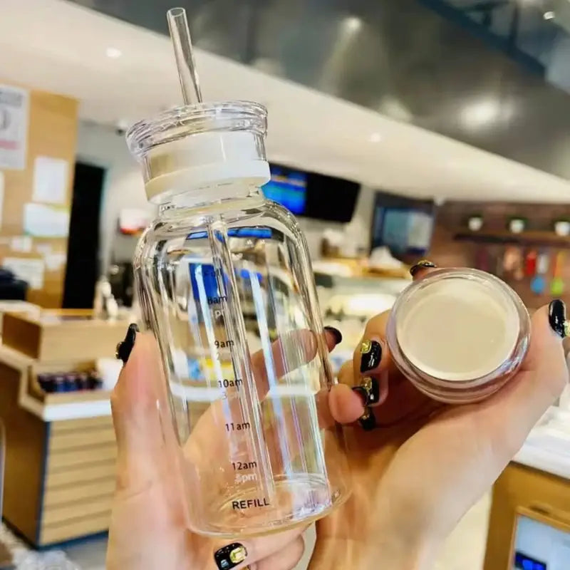 Borosilicate Glass Water Bottle with Dual Lids & Time Markers