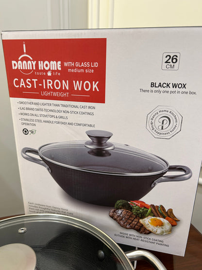 DannyHOME Premium Lightweight Cast-Iron Wok Casserole with Glass Lid