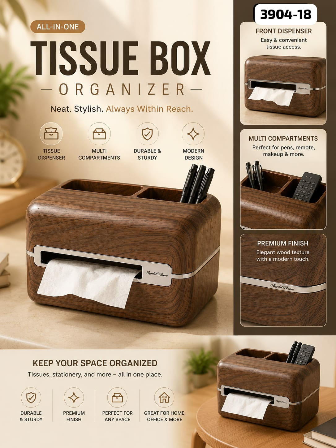 Premium Wooden Tissue Box & Desk Organizer