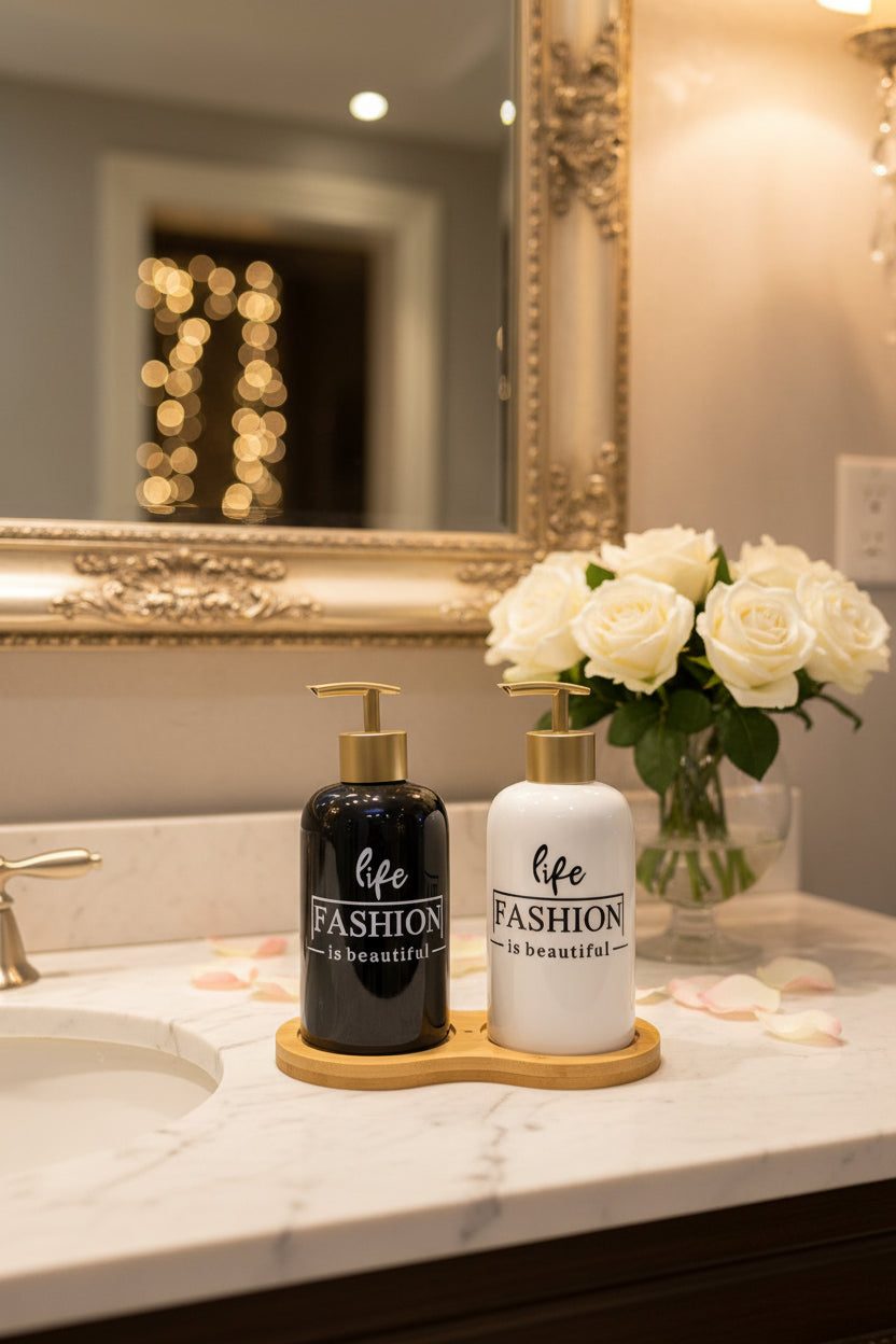 Luxury Glass Soap & Lotion Dispenser Set with Bamboo Tray