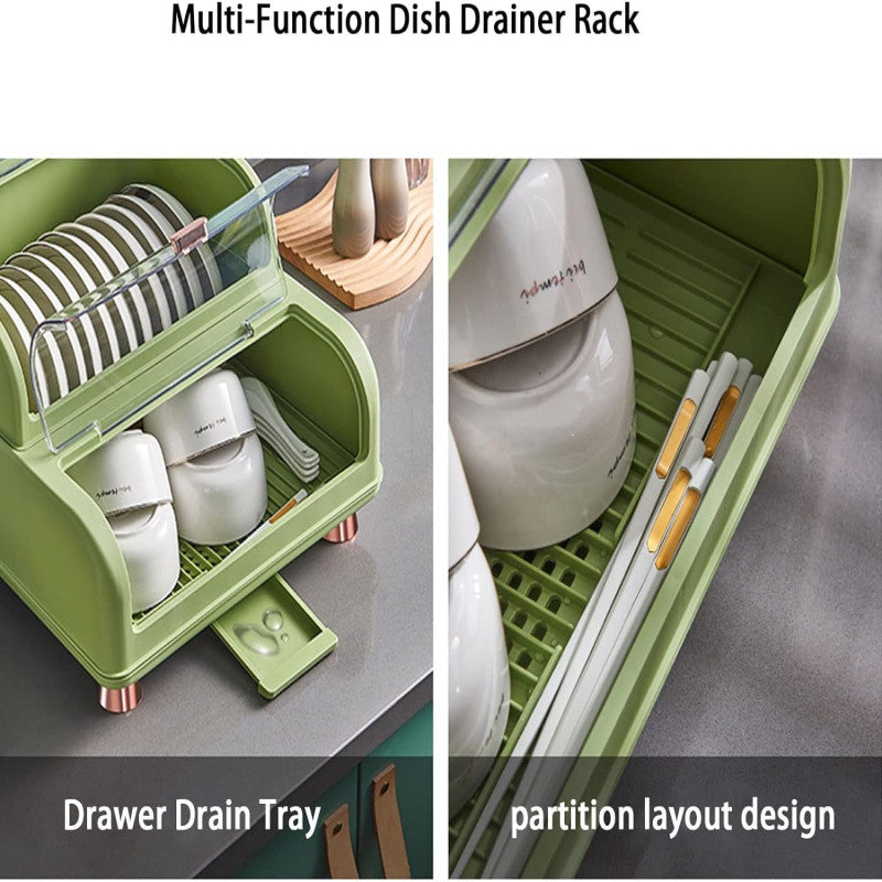 Multifunctional 2-Tier Dish Drying Rack with Dustproof Cover - My Store