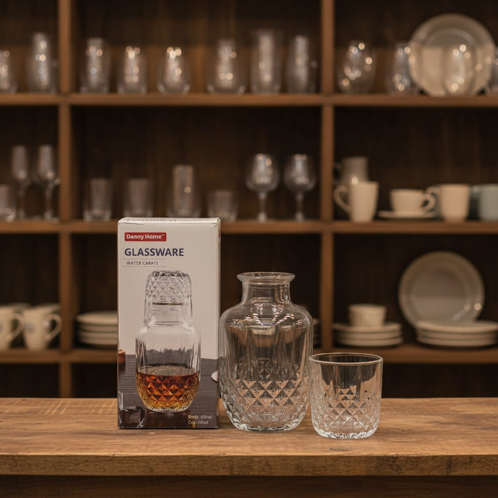 Danny Home Vintage Embossed Glass Bedside Carafe Set with Cup – 600ml