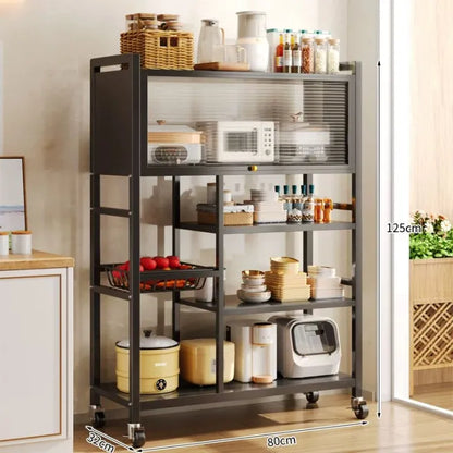 Multi-Functional Kitchen Storage Rack & Organizer Cart with Fluted Glass Cabinet
