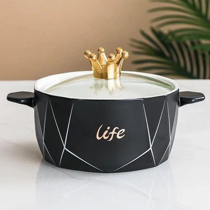 Crown Top Ceramic Noodle & Soup Bowl with Glass Lid – 1200ml