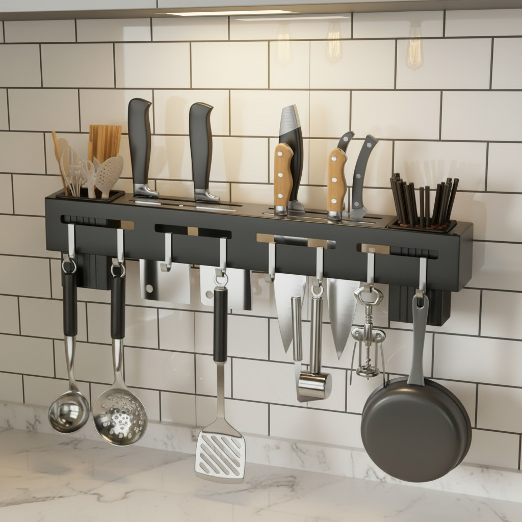 Multi-Functional Wall-Mounted Kitchen Knife Rack & Utensil Organizer – Stainless Steel