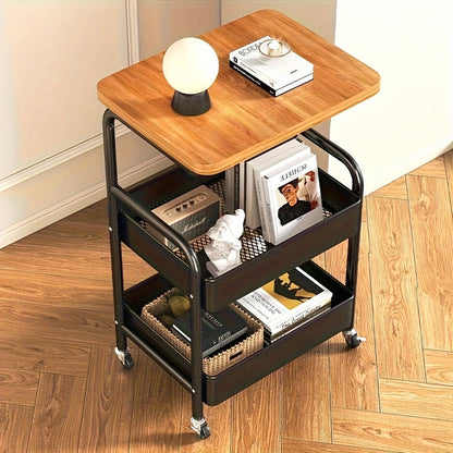 3-Tier Rolling Utility Cart with MDF Wooden Top & Mesh Storage Baskets