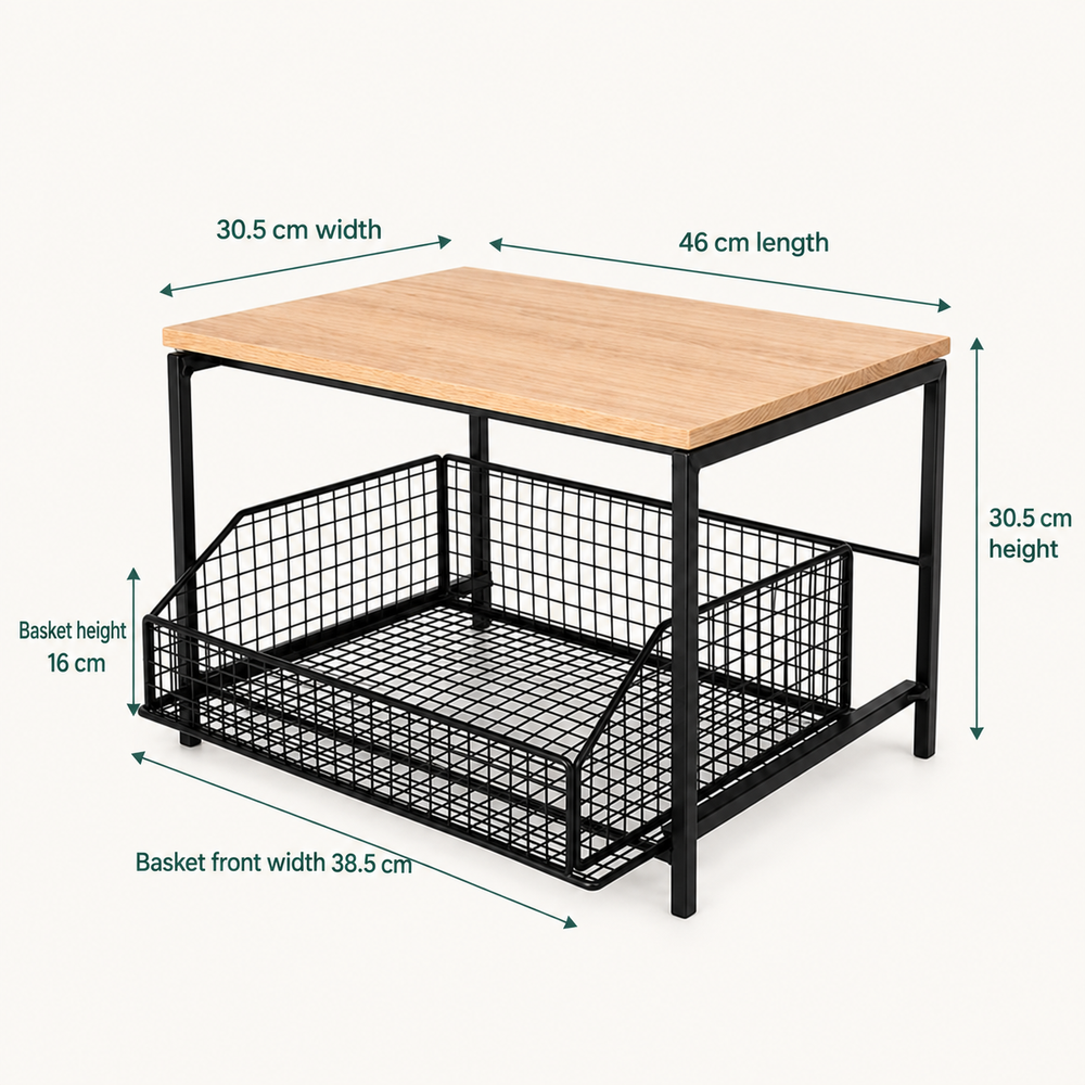2-Tier Wooden Countertop Organizer with Sliding Mesh Basket