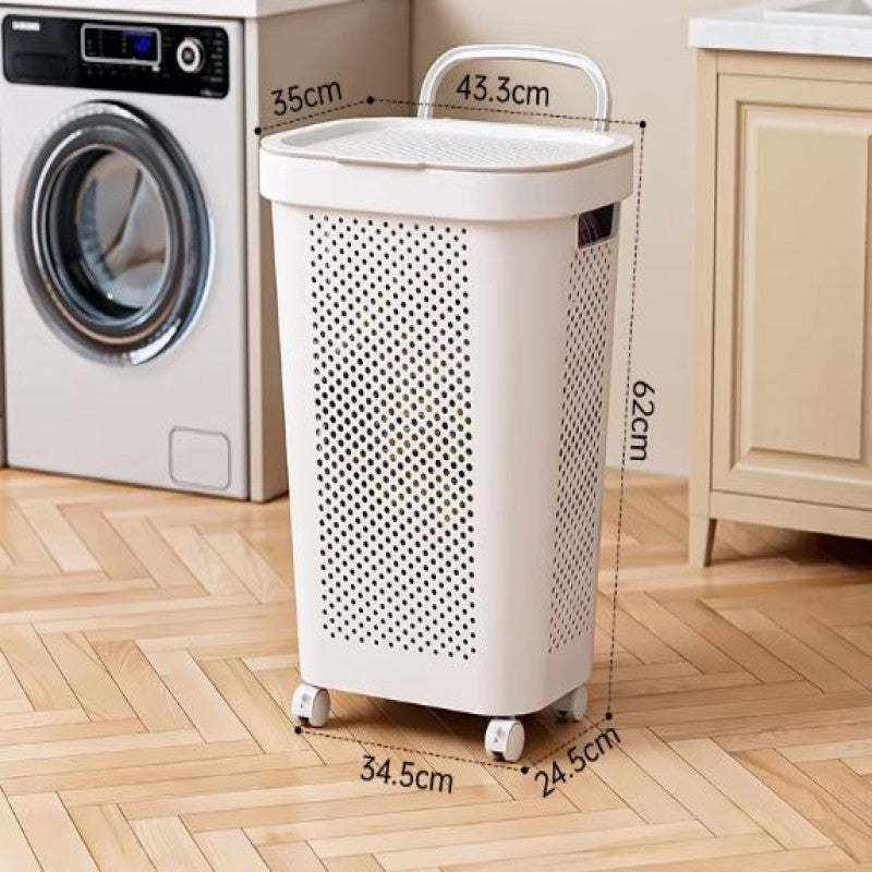 White & Grey Slim Laundry Hamper 60L Capacity Clothes Basket with Lid for Wardrobe Storage