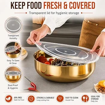 32cm Golden Stainless Steel Mixing & Serving Bowl with Airtight Lid