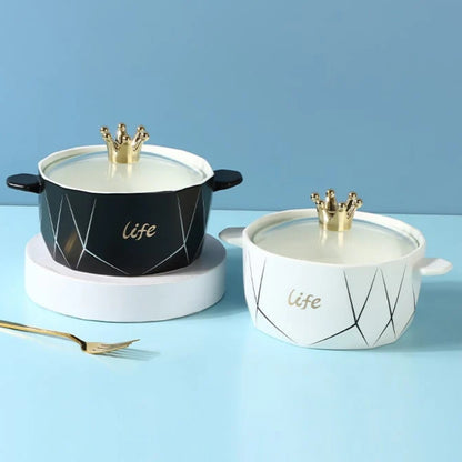 Crown Top Ceramic Noodle & Soup Bowl with Glass Lid – 1200ml