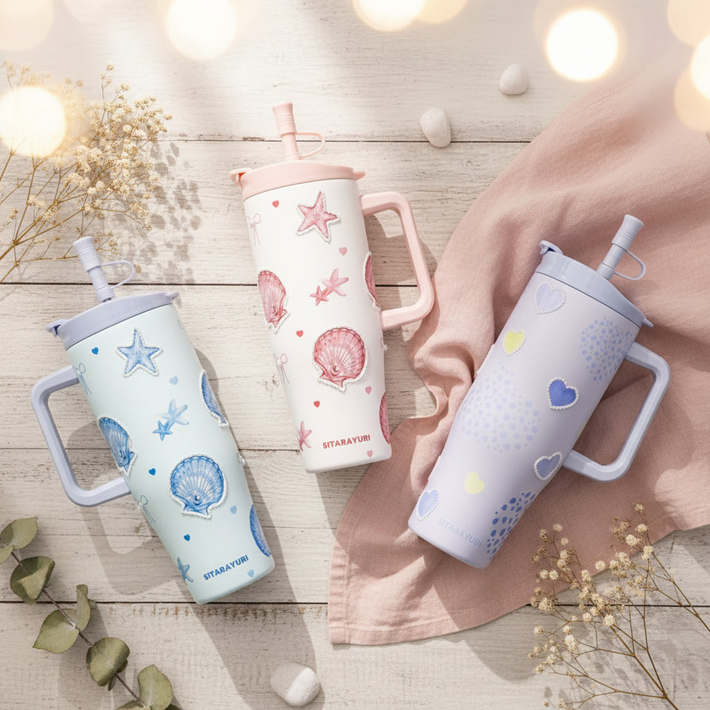 SITARAYURI 3D Ocean Shell Pearl Straw Tumbler