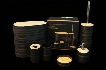 Modern 6-Piece Bathroom Accessories Set – Matte Black & Bamboo