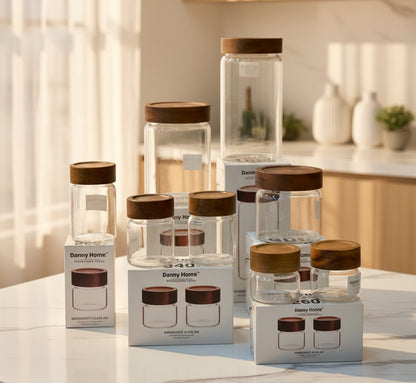 Danny Home Premium Borosilicate Glass Storage Jar Collection with Acacia Wood Lid