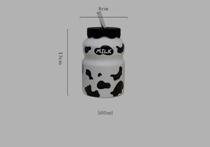 Ceramic Cow Print Milk Bottle Tumbler with Silicone Lid & Glass Straw