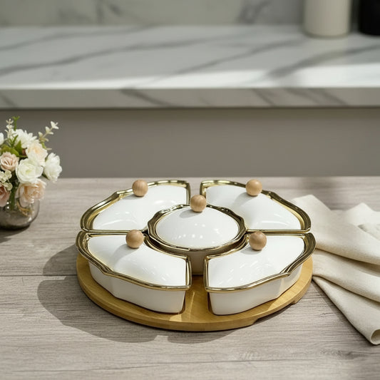 6-Piece Flower-Shaped Ceramic Serving Tray Set with Lids & Wooden Base