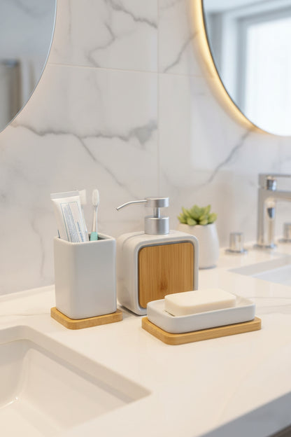 Luxury Minimalist 3-Piece Bathroom Accessory Set with Bamboo Accents