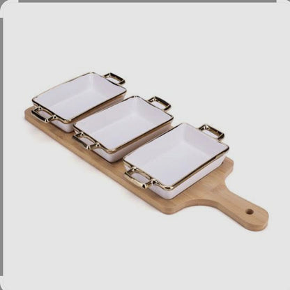 3-Piece Ceramic Serving Dish Set with Wooden Tray & Gold Trim Handles